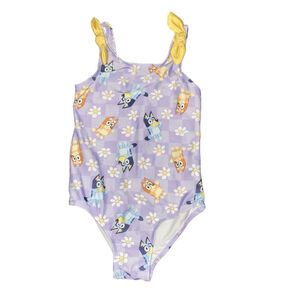 Girls Bluey One Piece Swimsuit Purple with Yellow Bow Accent Size 5/6 Small
